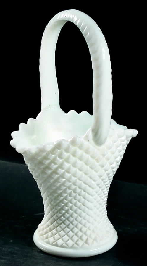 English Hobnail Milk Glass (Round or Hex Base) 9" Handled Basket by Westmoreland-1