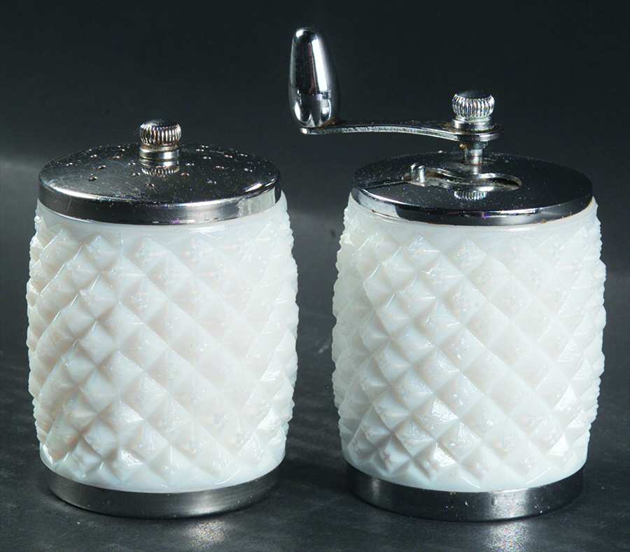 English Hobnail Milk Glass (Round or Hex Base) Salt and Pepper Mill Set by Westmoreland-1