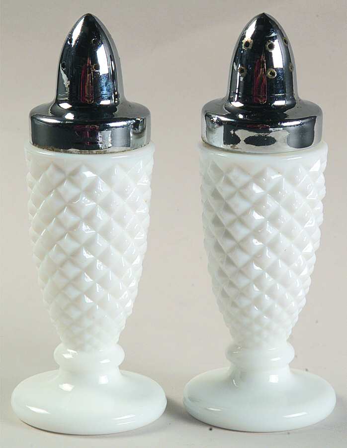 English Hobnail Milk Glass (Round or Hex Base) Footed Shaker Set & Metal Lids by Westmoreland-1