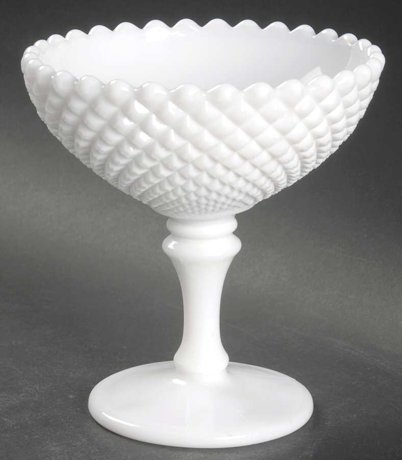 English Hobnail Milk Glass (Round or Hex Base) Round Compote (Height X Width) by Westmoreland-1