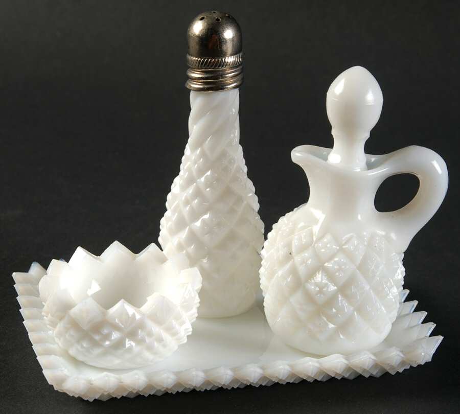 English Hobnail Milk Glass (Round or Hex Base) (4 Piece) Child's Condiment Set by Westmoreland-1