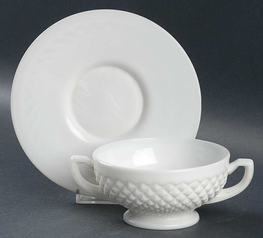 English Hobnail Milk Glass (Round or Hex Base) Cream Soup & Saucer Set by Westmoreland-1