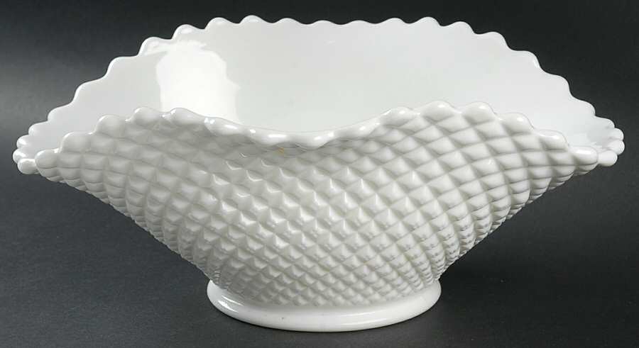 English Hobnail Milk Glass (Round or Hex Base) Oval Crimped Bowl by Westmoreland-1