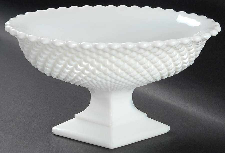 English Hobnail Milk Glass (Round or Hex Base) 9" Oval Footed Bowl by Westmoreland-1