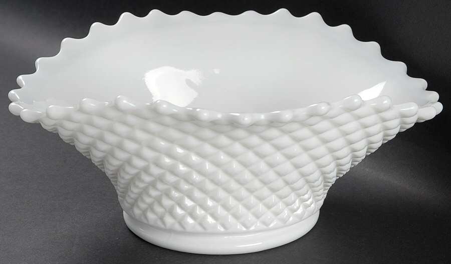 English Hobnail Milk Glass (Round or Hex Base) 9" Oval Crimped Bowl by Westmoreland-1