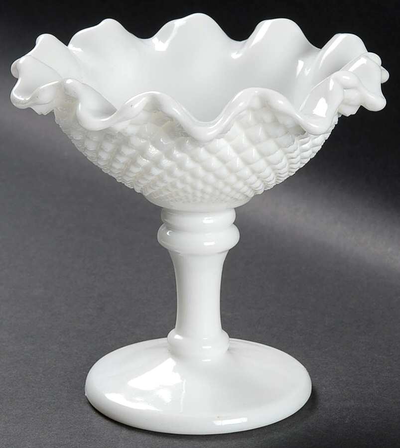 English Hobnail Milk Glass (Round or Hex Base) Crimped Round Compote (Height X Width) by Westmoreland-1