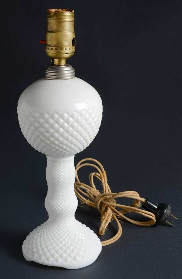 English Hobnail Milk Glass (Round or Hex Base) 9" Ball Style Electric Lamp by Westmoreland-1