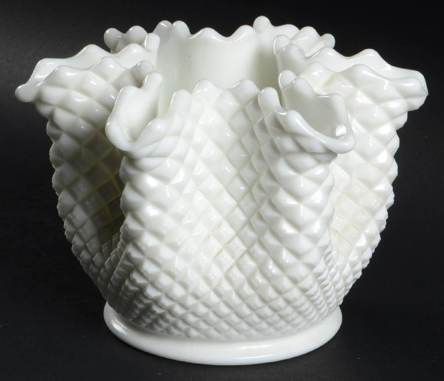 English Hobnail Milk Glass (Round or Hex Base) 8" Round Crimped Bowl by Westmoreland-1