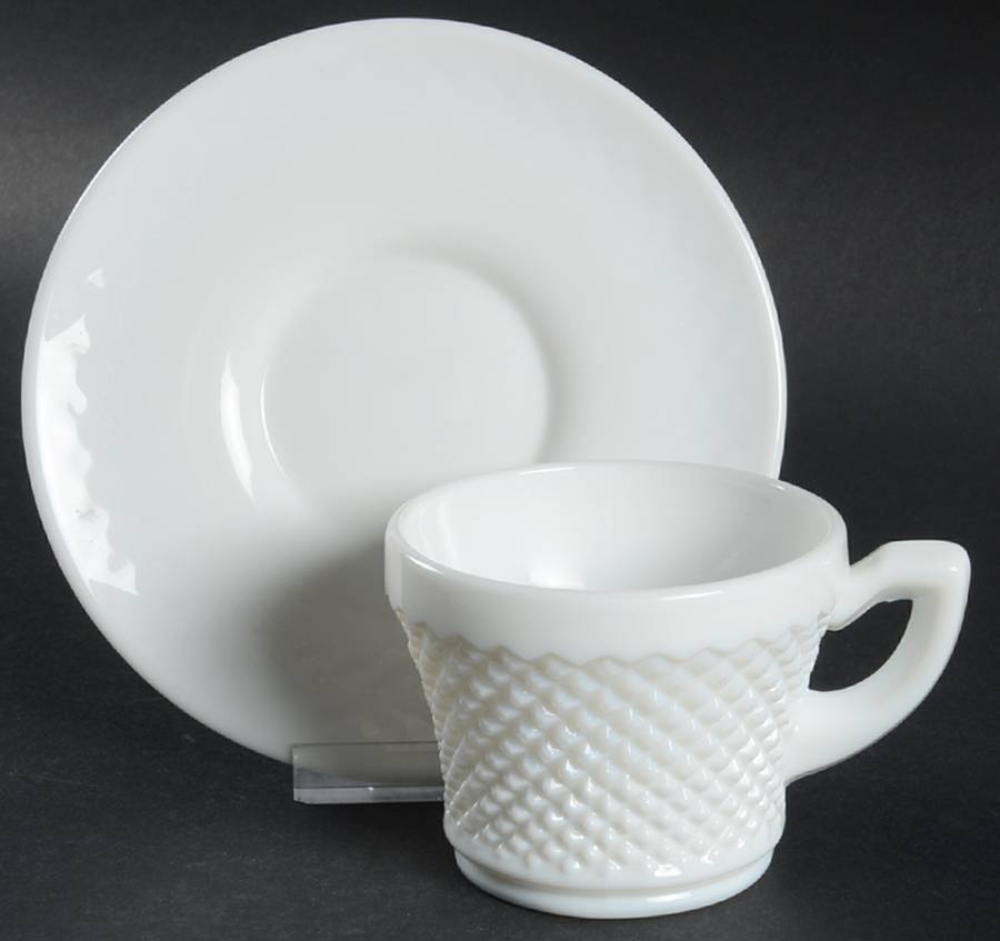 English Hobnail Milk Glass (Round or Hex Base) Cup and Saucer Set (Punch Cup) by Westmoreland-1