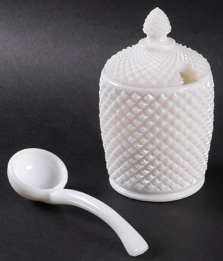 English Hobnail Milk Glass (Round or Hex Base) Marmalade with Lid & Ladle by Westmoreland-1