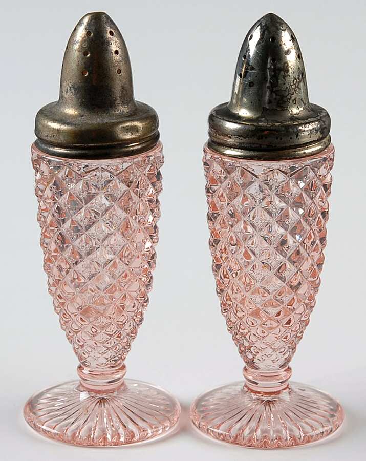 English Hobnail Pink (Round Foot) Footed Shaker Set & Metal Lids by Westmoreland-1