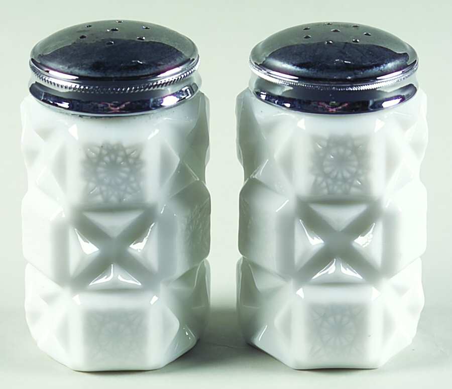Old Quilt (Milk Glass) Shaker Set w/Metal Lids by Westmoreland-1