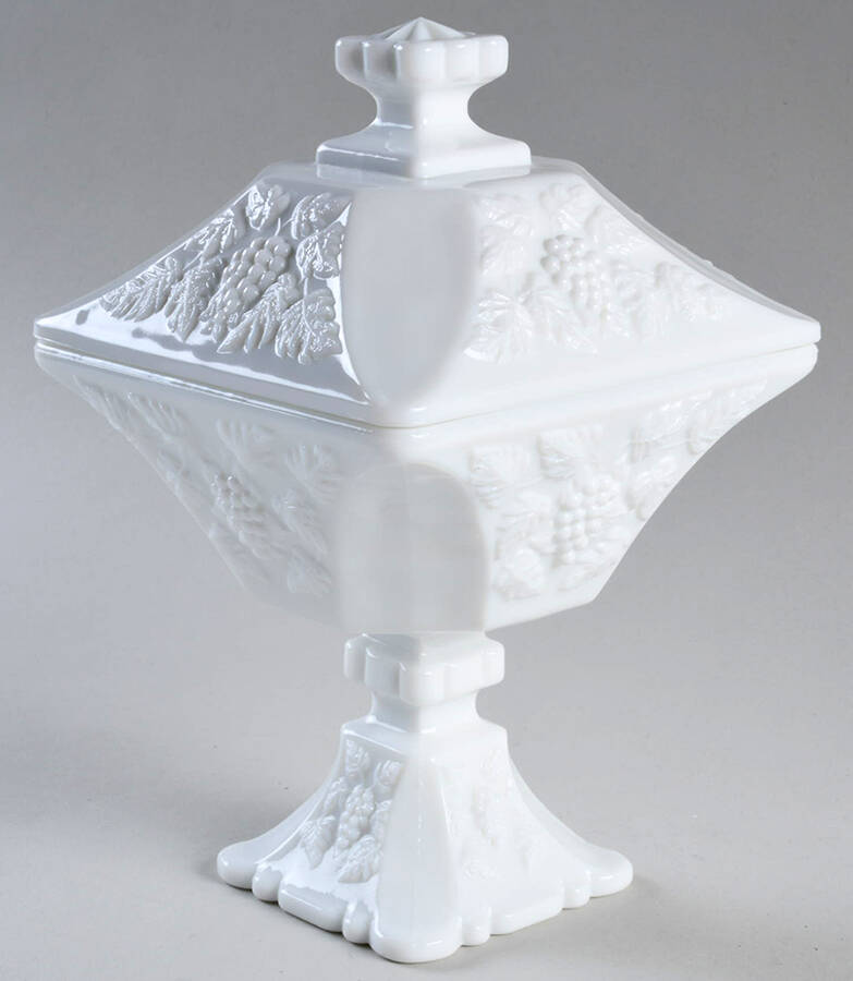 Paneled Grape Milk Glass Footed Square Bowl & Cover by Westmoreland-1