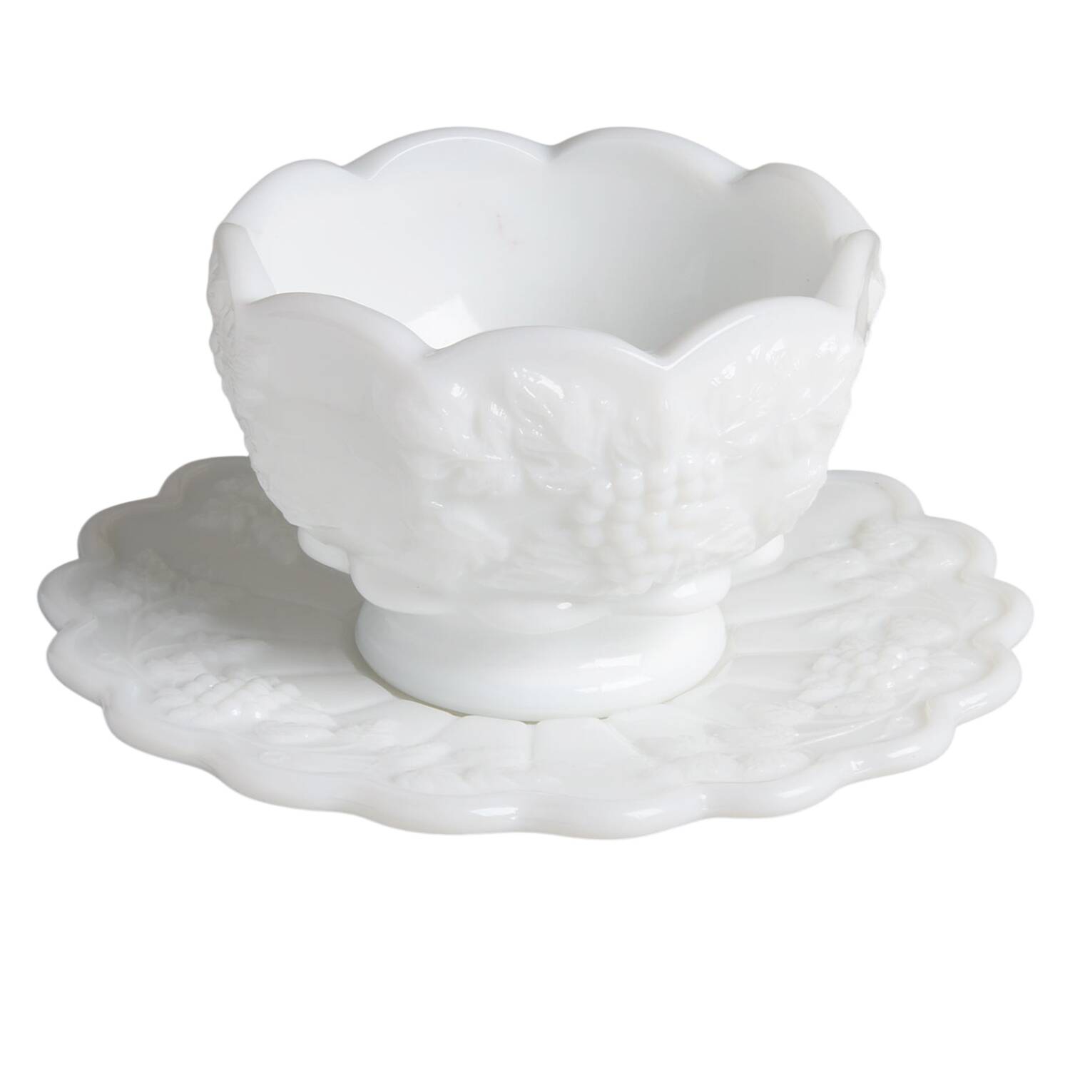 Paneled Grape Milk Glass Mayonnaise Bowl and Underplate by Westmoreland-1