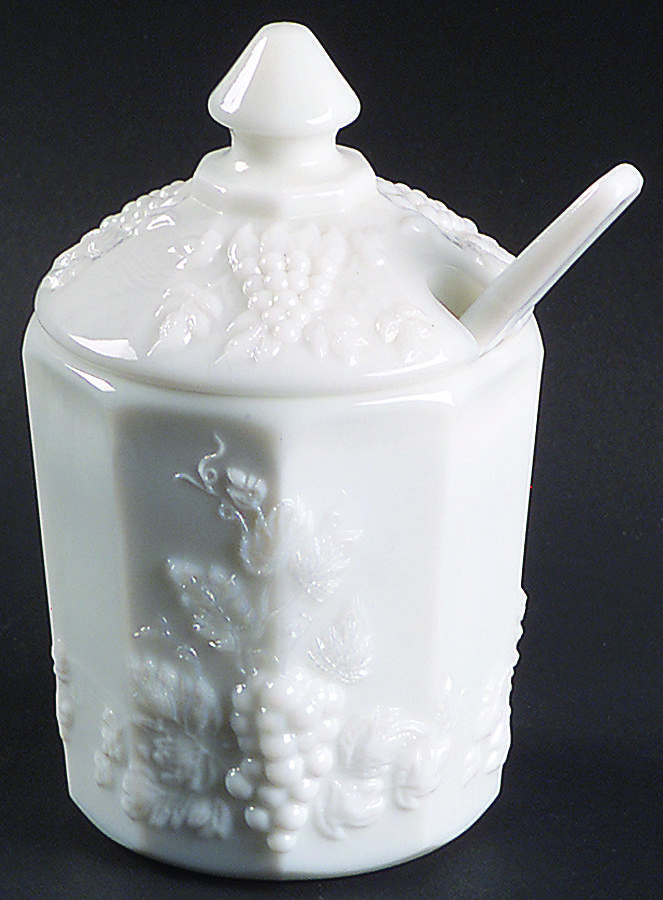 Paneled Grape Milk Glass Marmalade & Lid W/Spoon (Old Fashioned Base) by Westmoreland-1
