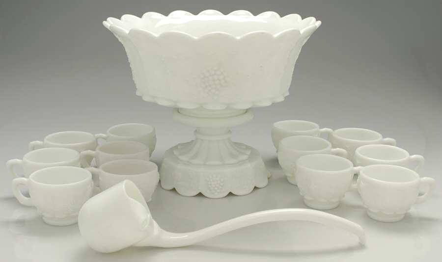 Paneled Grape Milk Glass (15 Pc) Punch Set (Bowl,Stand,Ladle & 12 Cups) by Westmoreland-1