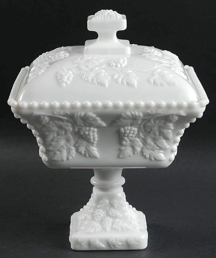 Paneled Grape Milk Glass Footed Candy Dish with Lid, Beaded by Westmoreland-1