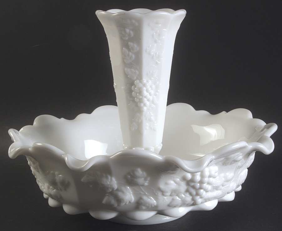 Paneled Grape Milk Glass 12" Epergne Lipped Bowl W/8" Vase by Westmoreland-1