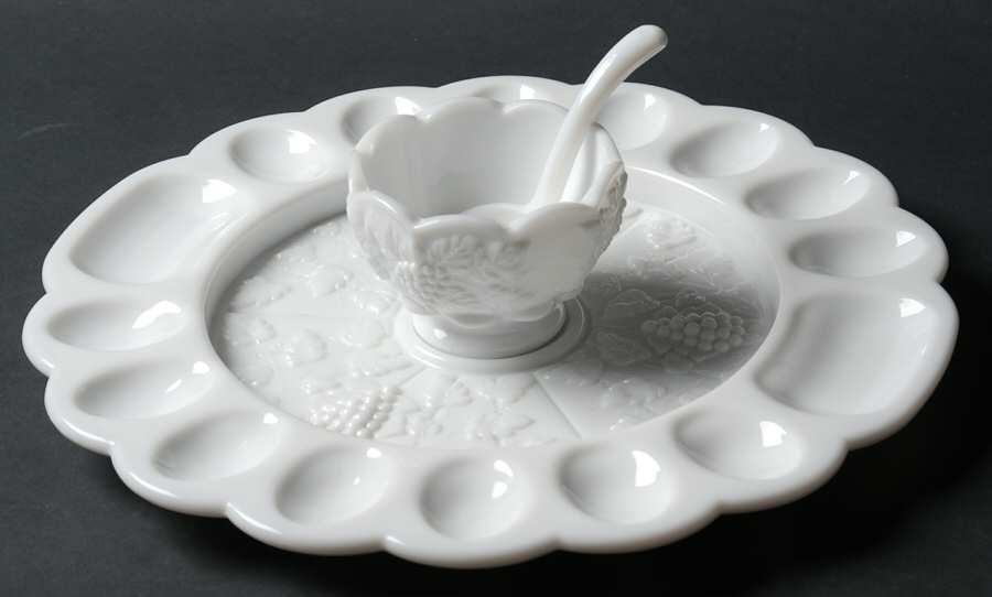 Paneled Grape Milk Glass Deviled Egg Server Set by Westmoreland-1