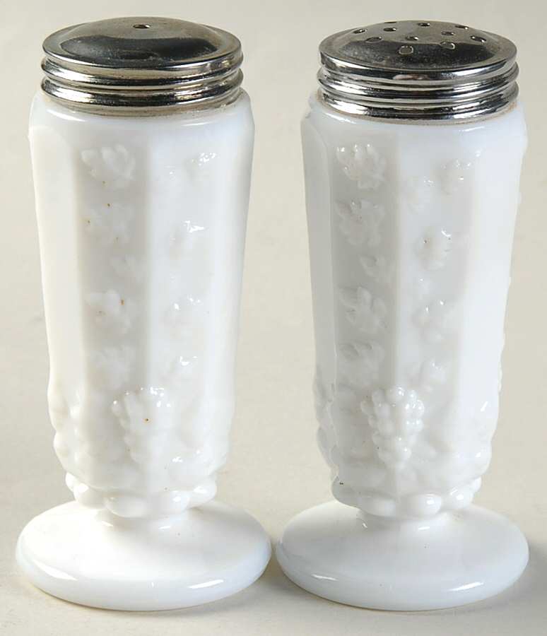 Paneled Grape Milk Glass Salt and Pepper Shakers with Metal Lids by Westmoreland-1