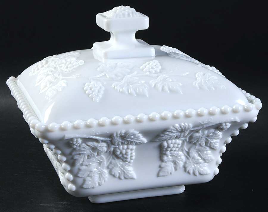 Paneled Grape Milk Glass 7" Beaded Flared Bowl & Lid by Westmoreland-1