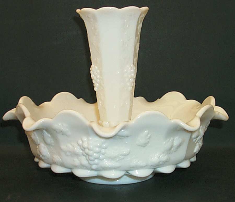 Paneled Grape Milk Glass 2 Piece Epergne Set, 9" Crimped Bowl with 8" Vase by Westmoreland-1