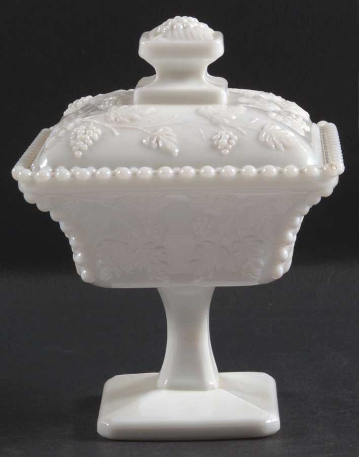 Paneled Grape Milk Glass Beaded Flared Bowl & Lid by Westmoreland-1