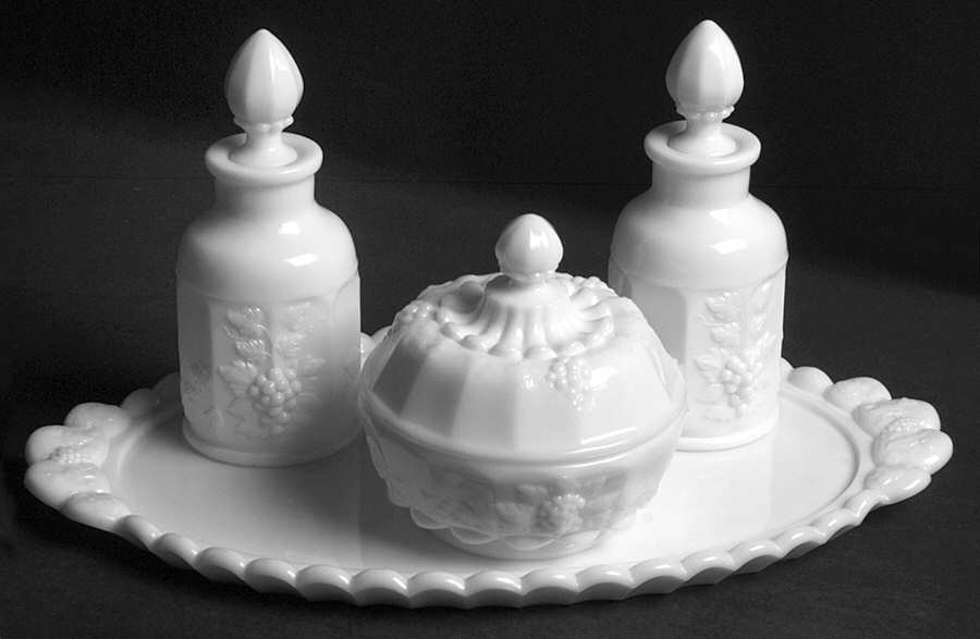 Paneled Grape Milk Glass (7 Piece) Dresser Set (2PBRD, PUBR & DRES) by Westmoreland-1