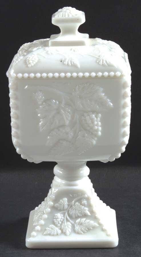 Paneled Grape Milk Glass Bead, Large Ft Candy Dish with Lid by Westmoreland-1