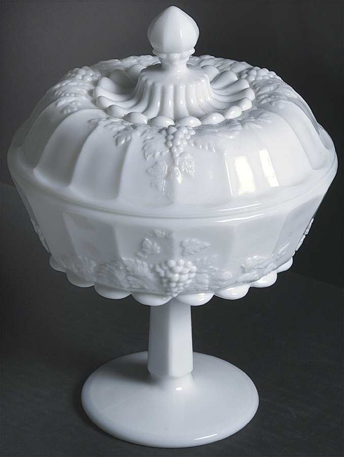 Paneled Grape Milk Glass Stem-Footed Bowl & Cover by Westmoreland-1