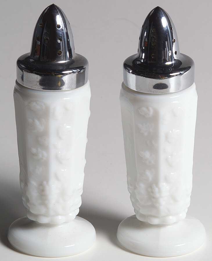 Paneled Grape Milk Glass Footed Shaker Set & Metal Lids by Westmoreland-1