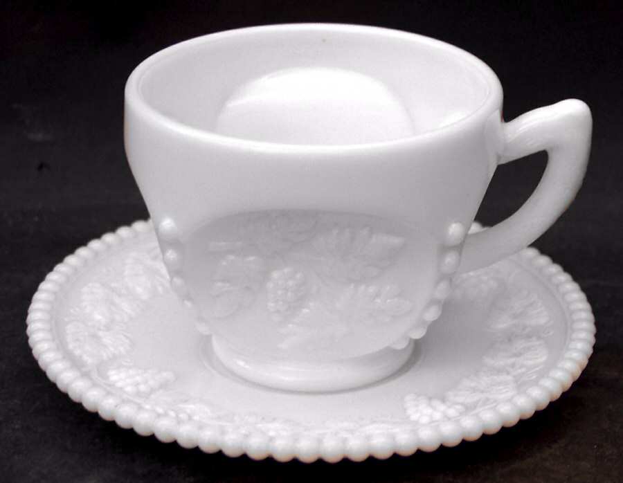 Paneled Grape Milk Glass Beaded Cup & Saucer Set by Westmoreland-1