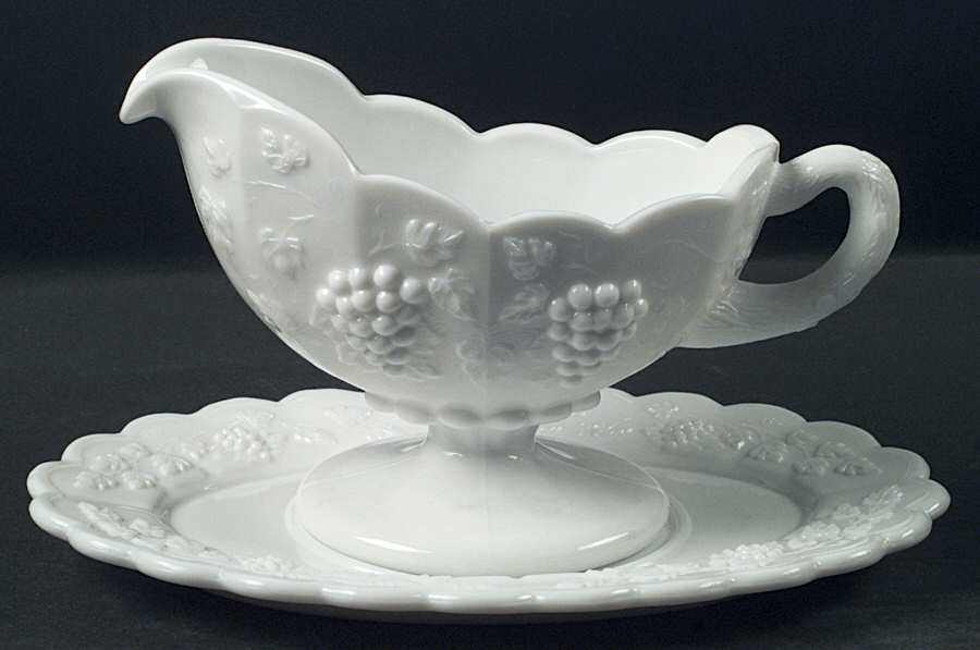 Paneled Grape Milk Glass Sauce Boat with Underplate by Westmoreland-1