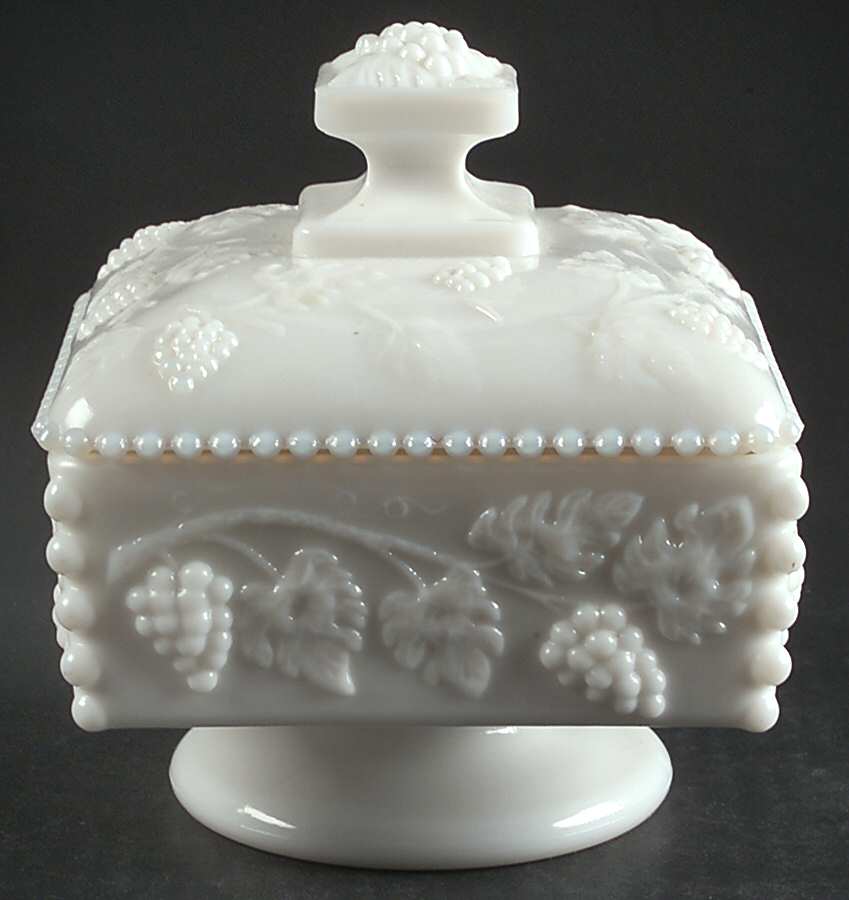 Paneled Grape Milk Glass Beaded Honey Dish & Lid by Westmoreland-1