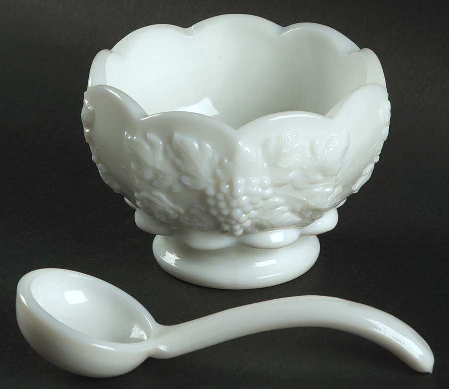 Paneled Grape Milk Glass Mayonnaise/Cocktail-Bowl and Ladle by Westmoreland-1