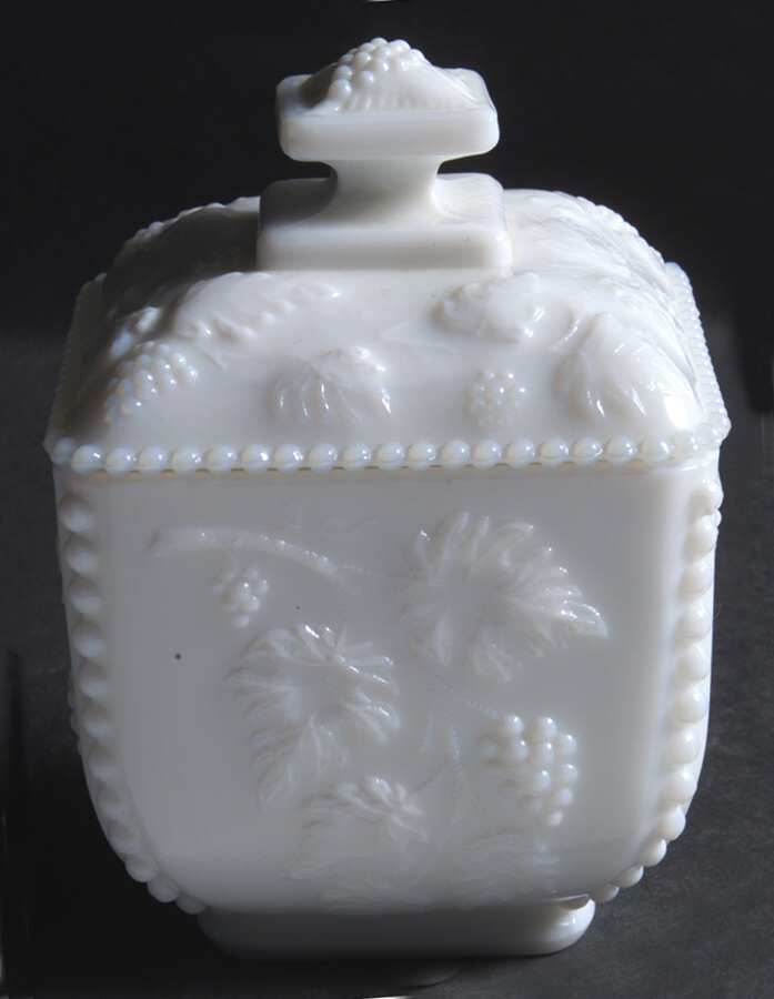 Paneled Grape Milk Glass Beaded Square Puff Box with Lid by Westmoreland-1