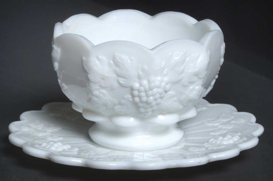 Paneled Grape Milk Glass Mayonnaise/Cocktail-Bowl and Saucer by Westmoreland-1