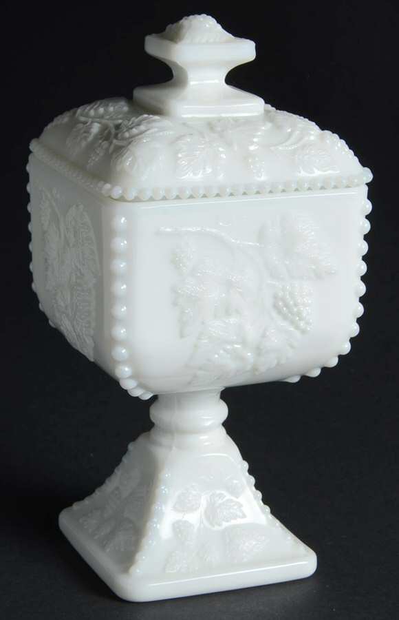 Paneled Grape Milk Glass Beaded Footed Candy Dish with Lid by Westmoreland-1