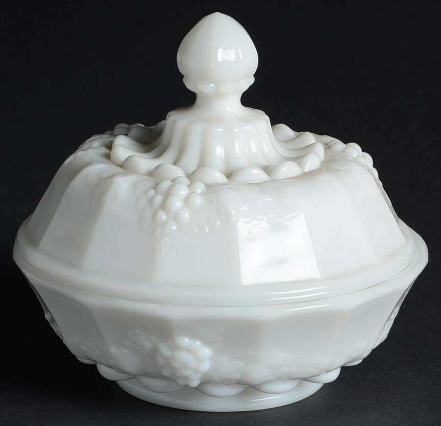 Paneled Grape Milk Glass Round Puff Box with Lid by Westmoreland-1