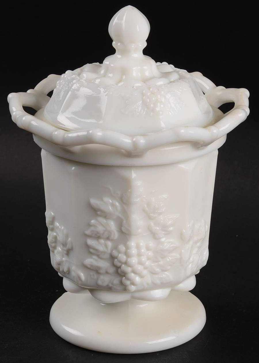 Paneled Grape Milk Glass Spooner & Lid by Westmoreland-1