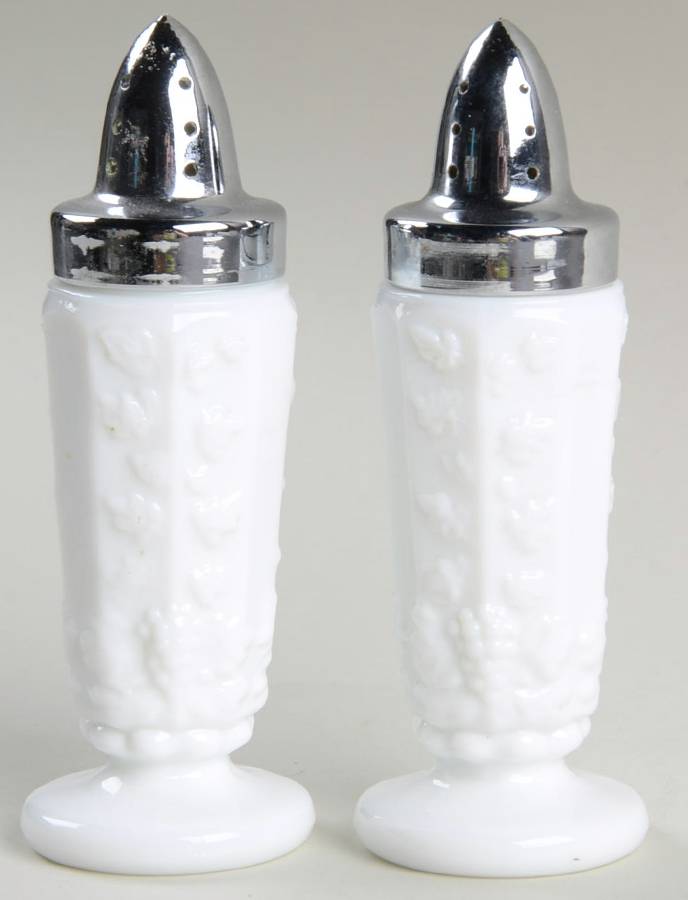Paneled Grape Milk Glass Footed Shaker Set & Metal Lids by Westmoreland-1