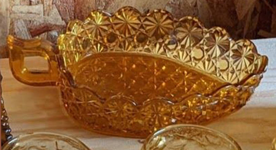 Daisy and Button Amber Triangular Handled Nappy by L G Wright Glass-1