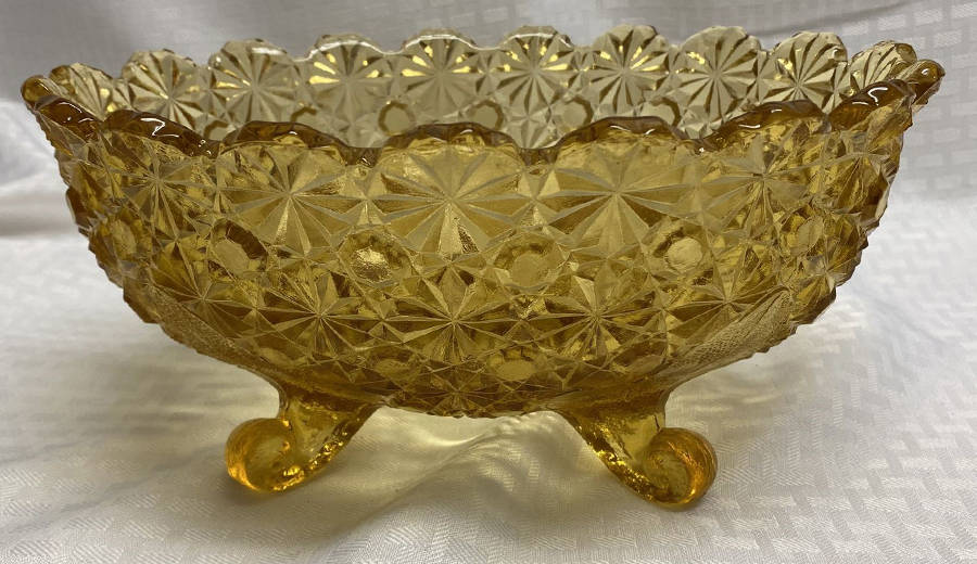 Daisy and Button Amber 10" Four Toed Oval Bowl by L G Wright Glass-1