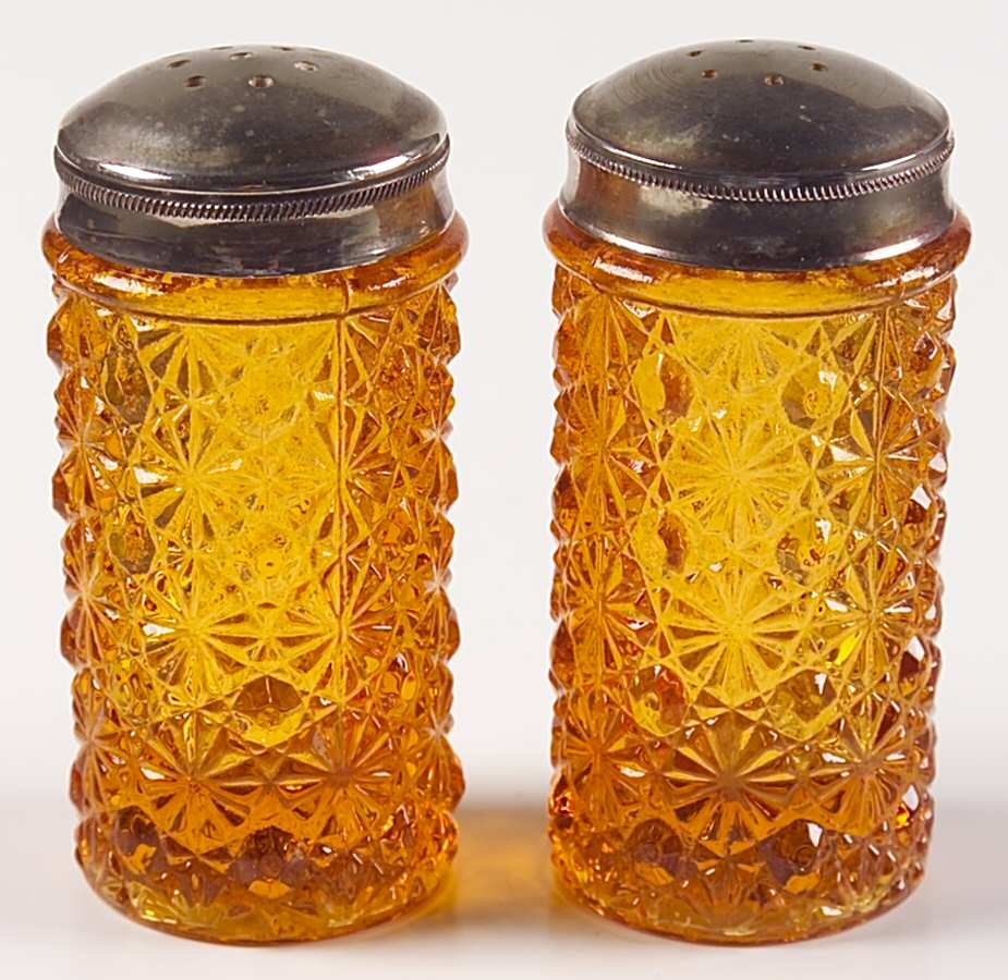 Daisy and Button Amber Shaker Set w/Metal Lids by L G Wright Glass-1