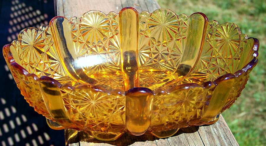Daisy and Button Amber 5" 4-Toed Footed Bowl by L G Wright Glass-1