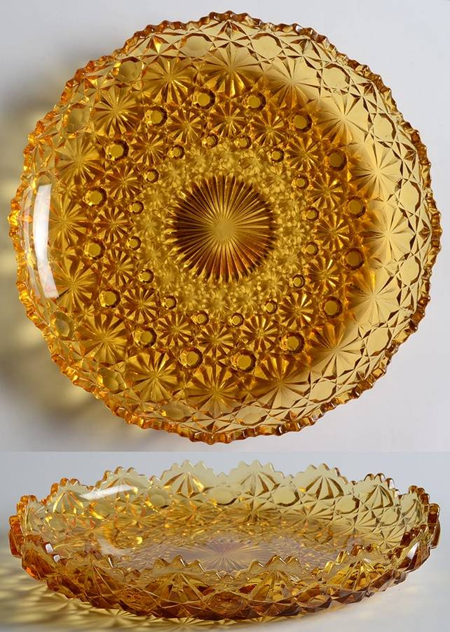 Daisy and Button Amber Scalloped Plate by L G Wright Glass-1
