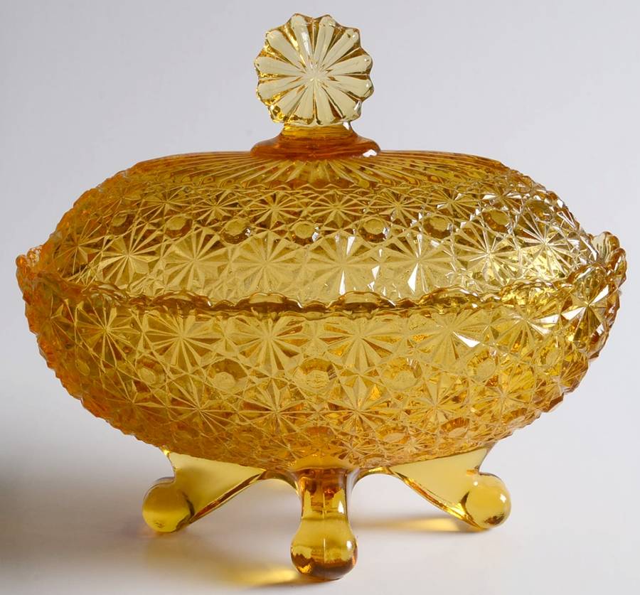 Daisy and Button Amber Oval Candy Dish with Lid by L G Wright Glass-1