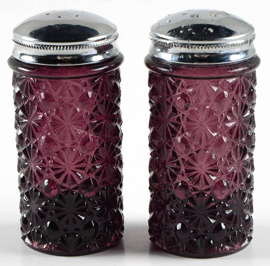 Daisy and Button Amethyst Shaker Set w/Metal Lids by L G Wright Glass-1