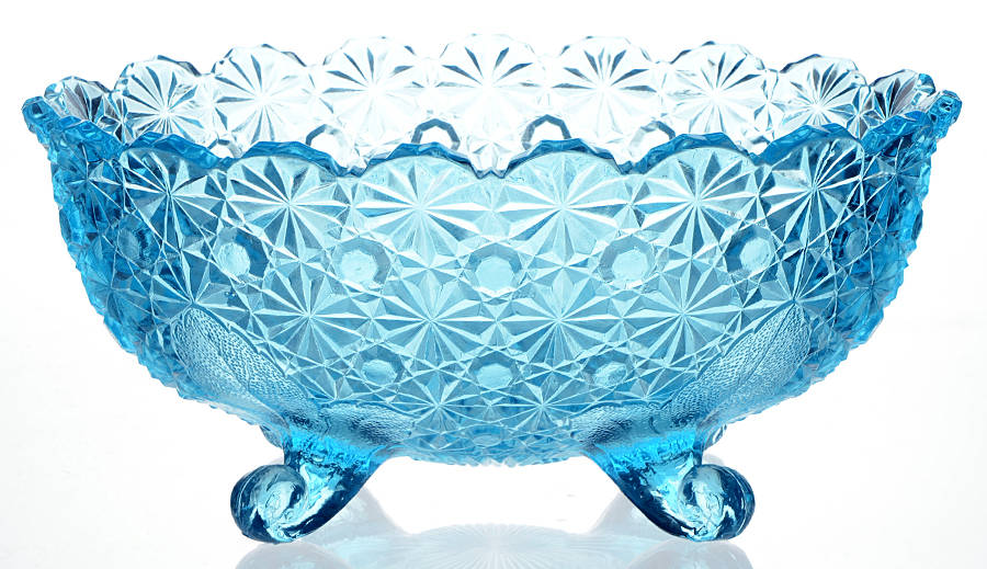 Daisy and Button Blue 10" Four Toed Oval Bowl by L G Wright Glass-1