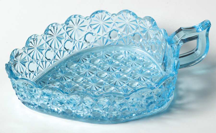 Daisy and Button Blue Triangular Handled Nappy by L G Wright Glass-1